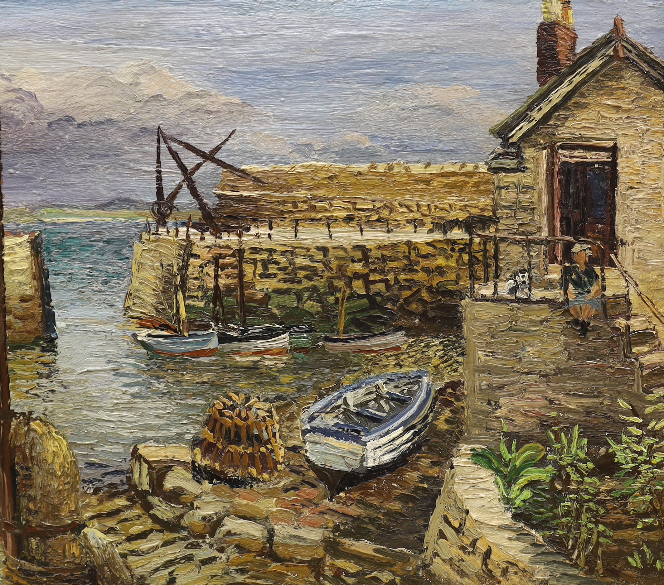 Modern British, two impasto oils on canvas, Cottage garden and Harbour scene with moored fishing boats, largest 60 x 50cm, unframed